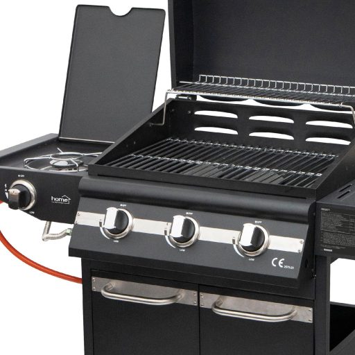Home GRG01 gázgrill, 3 főégővel, 1 oldalégővel, 3,2 kW teljesítmény égőnként, nyomásszabályozó készlettel